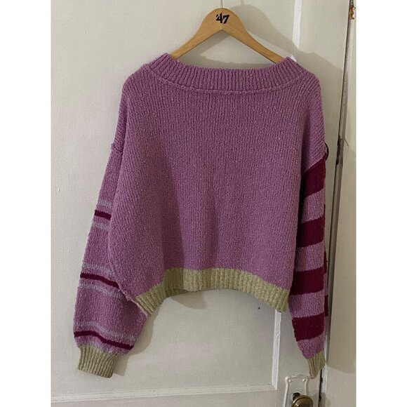 Urban Outfitters Women's Pink/Purple Notched V Neck Crop Sweater - Medium - Picture 4 of 13